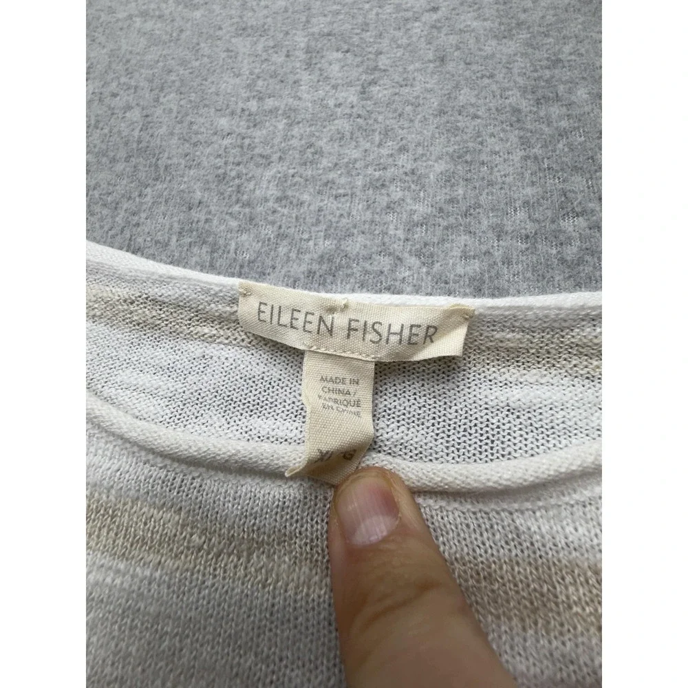 Eileen Fisher Sweater Womens Large White Linen Cotton Stripe Boatneck Knit